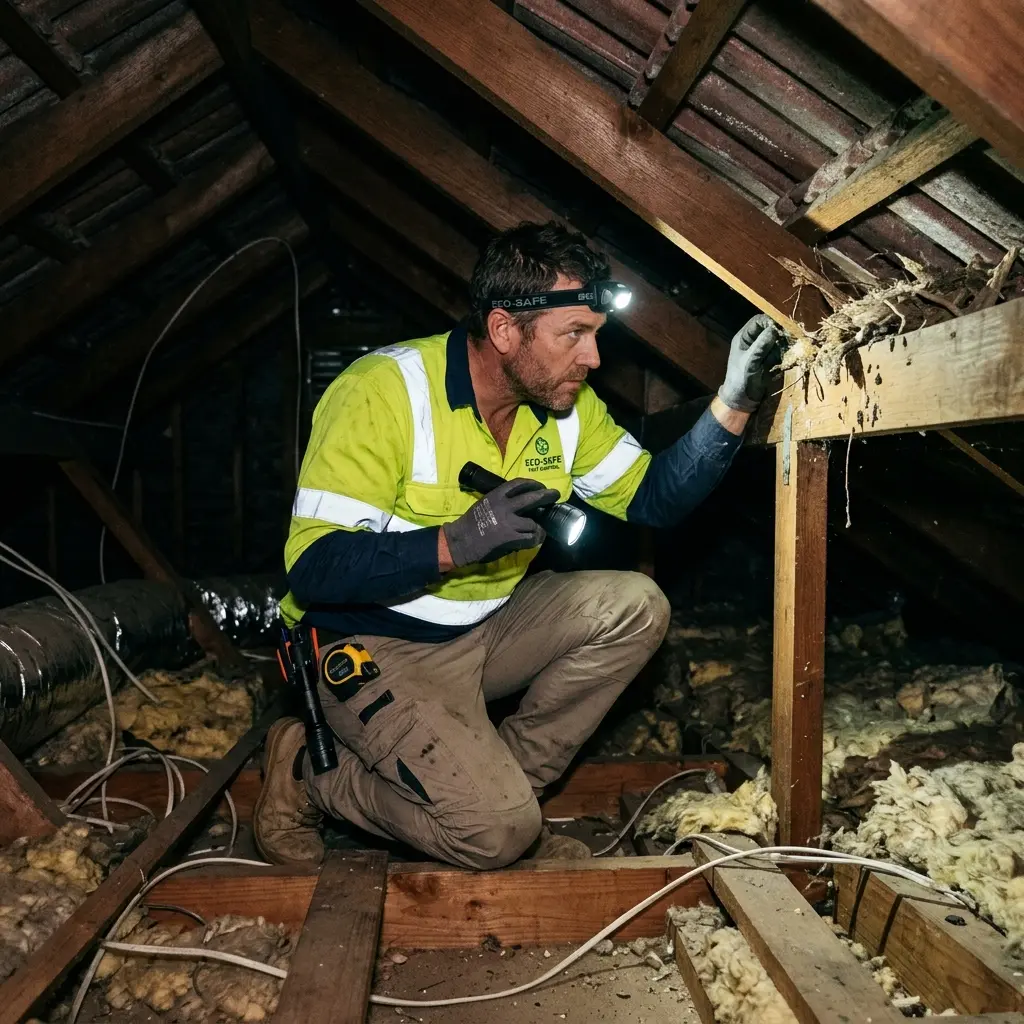 Technician inspecting a roof cavity for a dead animal in Moreland