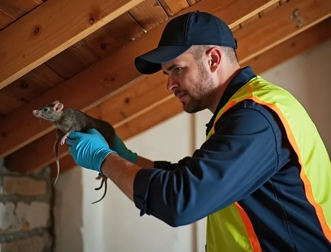 Technician inspecting a roof cavity for a dead rat in Moreland